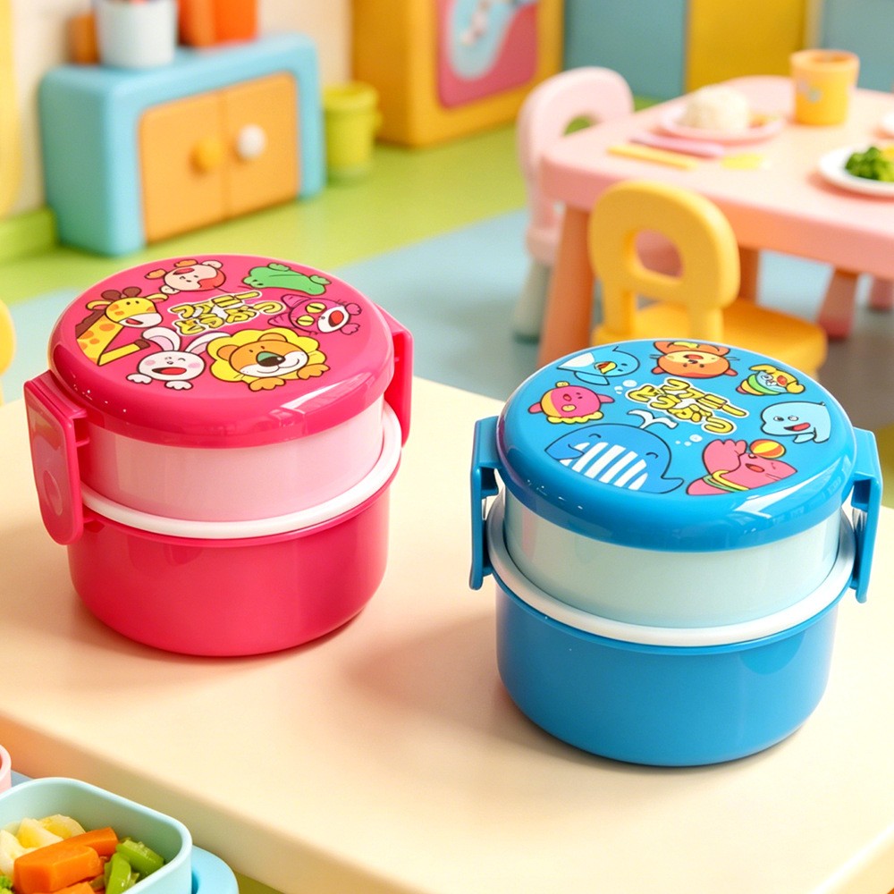 Japanese Snacks - Mini-Tier-Lunchbox, japanische doppelschichtige runde süße Bento-Box,