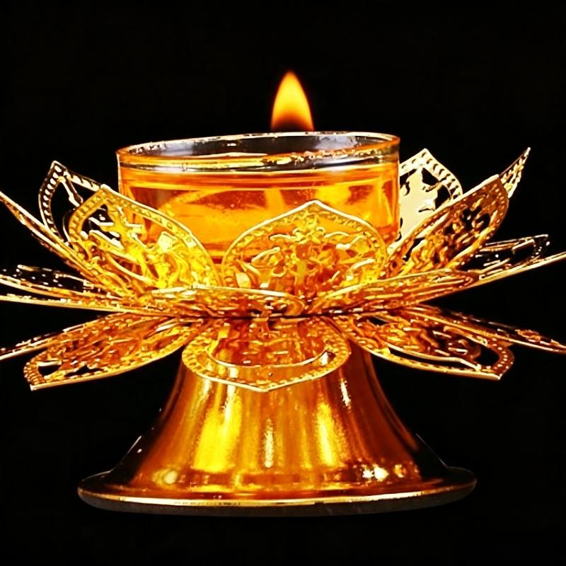Incense Holder - Teelichthalter mit Goldenem Lotus-Design, Ghee-Lampenbrenner, Vintage-Räucherhalter